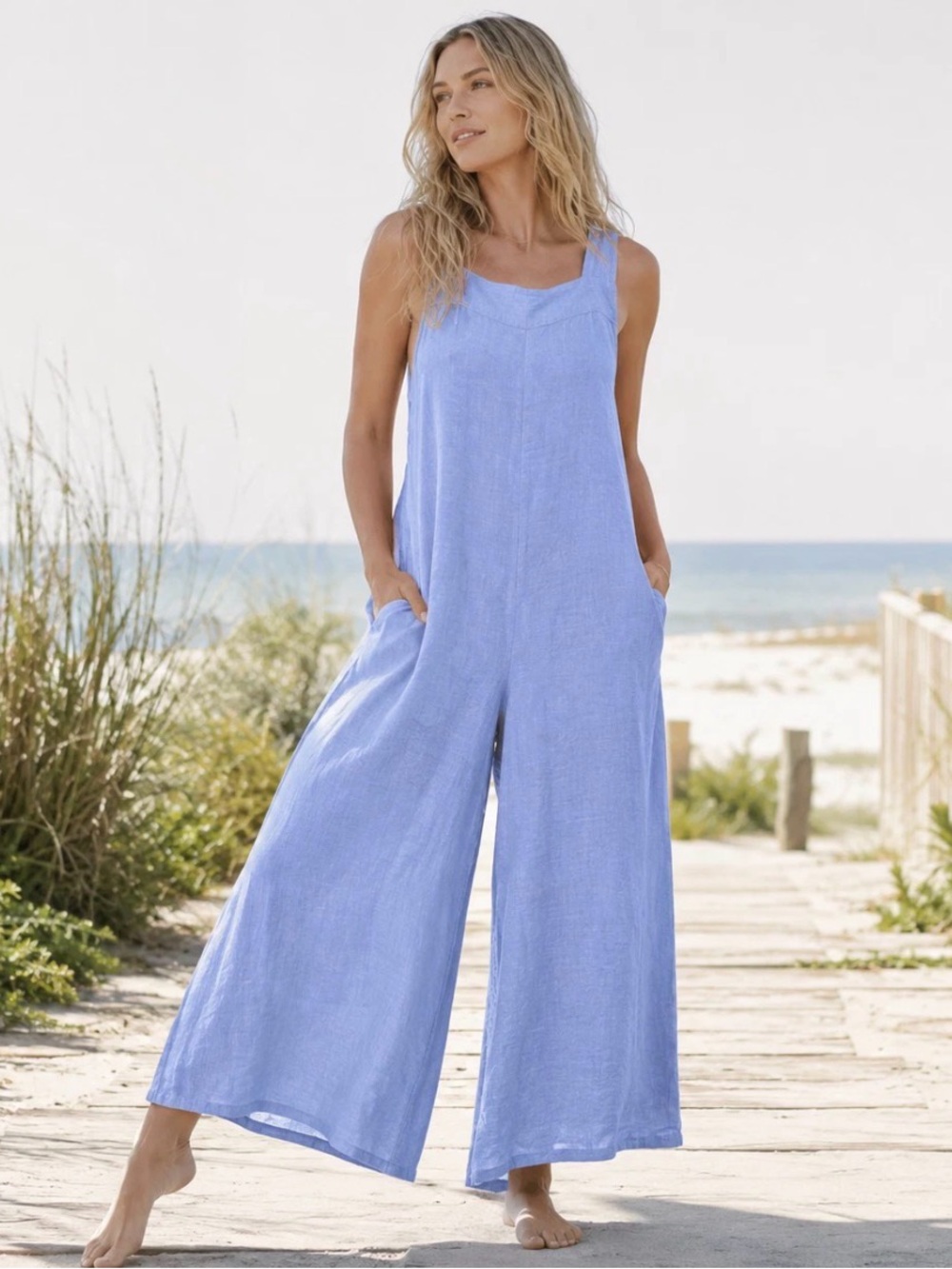 New With Tags Haute Hippie Pale Blue Wide-Leg Linen Jumpsuit size XL